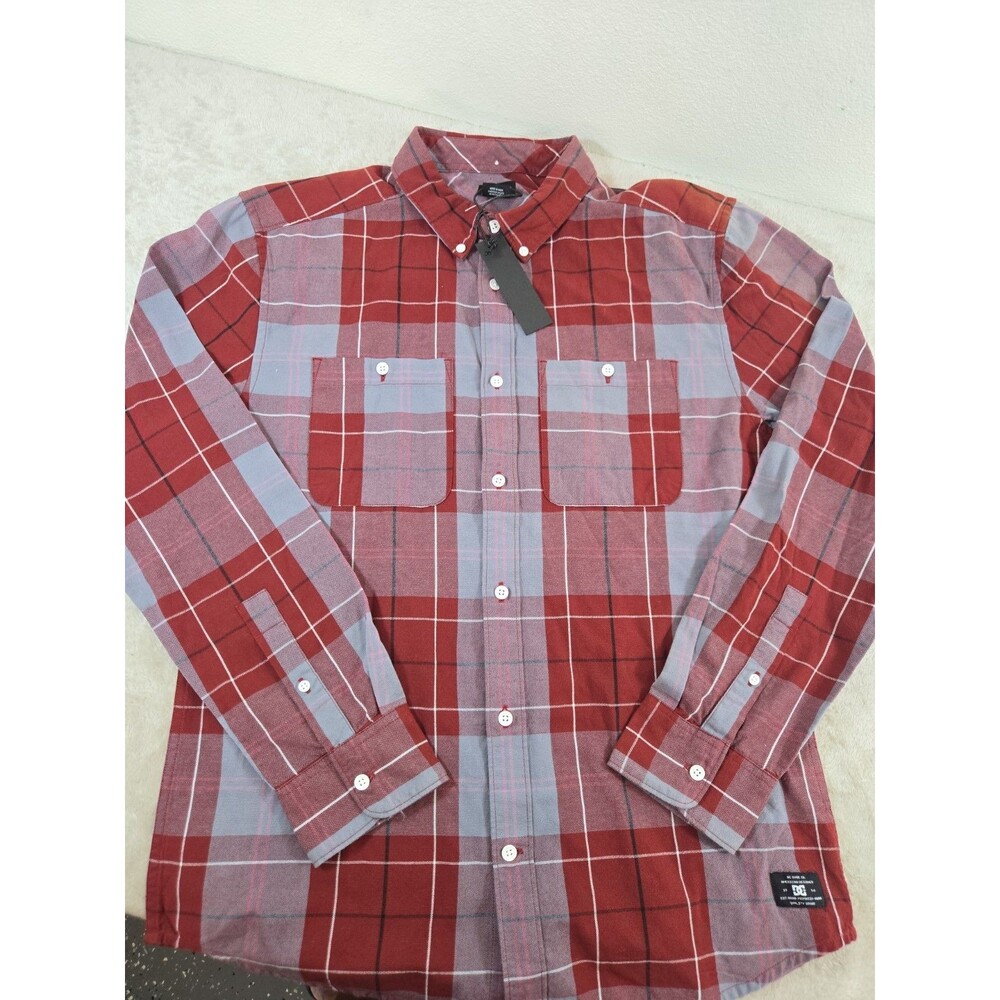 DC Shoes Shirt maroon Red gray Check Flannel Long Sleeve Button Up Skate Mens M